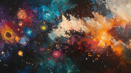 An abstract portrayal of the cosmos, filled with vibrant nebulae and sparkling galaxies, blending colors to create a stunning representation of the infinite wonders of space.