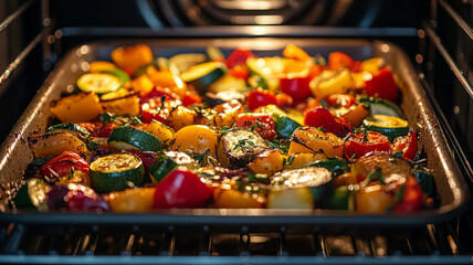 Colorful roasted vegetables on a baking tray in the oven.