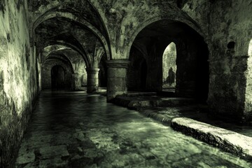Fototapeta premium Dark medieval stone corridor with aged arches and atmospheric lighting casting shadows on the mossy textured floor.