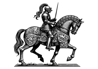 medieval knight in armor riding a decorated horse, holding a lance, in a traditional style sketch engraving generative ai PNG illustration. Scratch board imitation. Black and white image.