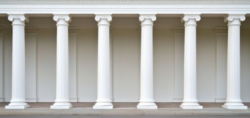 Fototapeta premium Minimalist Greek temple facade with six Doric columns, clean lines, and a white backdrop, highlighting classical architecture and symmetry