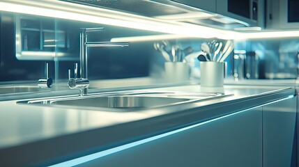 Obraz premium Modern Kitchen with Sleek Design and Ambient Lighting