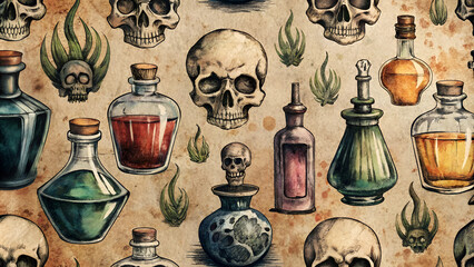 Halloween themed vintage potion bottles and skulls pattern illustration
