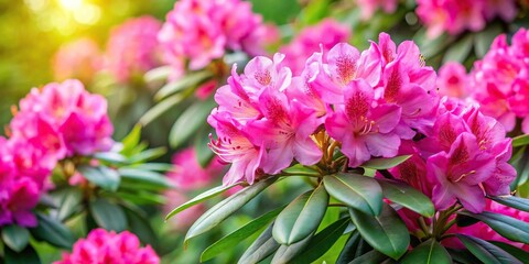 Rhododendron pink flowers in bloom and green leaves with Forced Perspective