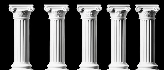 Six symmetrical Doric columns in a minimalist composition, capturing the essence of ancient Greek architecture with a focus on simplicity and form