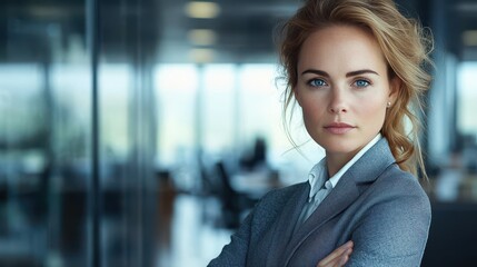 A professional woman stands with her arms crossed in a sleek office with large windows, reflecting confidence and determination in her workplace