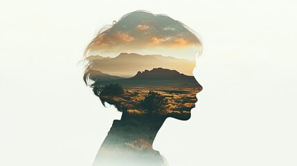 A serene double exposure combines a profile with a picturesque landscape, blending human and natural elements harmoniously.