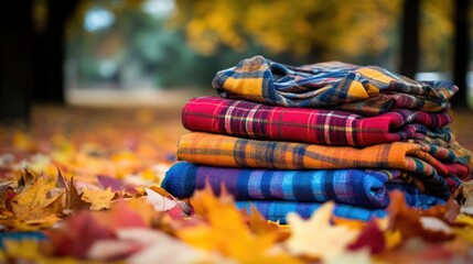 Colorful Blankets Surrounded by Autumn Leaves