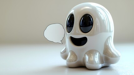 A playful cartoon ghost with a smiling face holds a blank speech bubble, inviting a whimsical conversation in a charming, light environment.