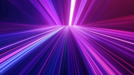 Panoramic 3D abstract neon background with radiant purple, violet, and pink lines illuminated by ultraviolet light
