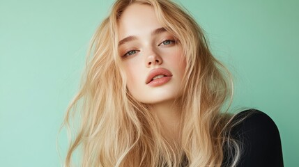 Fototapeta premium A captivating portrait of a woman with long, wavy blonde hair, soft makeup, and a serene expression against a mint green background.