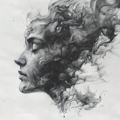 Fototapeta premium smoke flows like liquid around a woman's profile in a captivating monochrome artwork