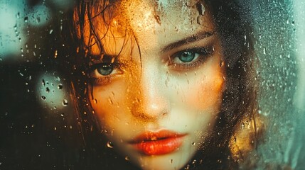 A close-up of a young woman with wet hair and striking features, seen through a rain-covered window, creating a dreamy and introspective atmosphere.