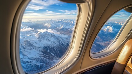 Fototapeta premium Panoramic View of Snow-Capped Mountains Seen from a Private Jet Window