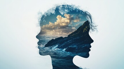 A dual silhouette merges with ocean waves and clouds, symbolizing a connection between nature and human emotion.