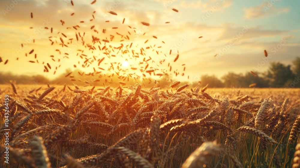 Aufkleber a field of wheat is blowing in the wind, with the sun shining brightly in the background. concept of