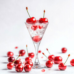 Drink in a conical cocktail glass with cherries on a white background, conceptual image for design and advertising projects.