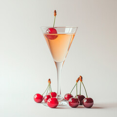Drink in a conical cocktail glass with cherries on a white background, conceptual image for design and advertising projects.