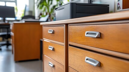 Wooden Office Drawer with Modern Workspace Background
