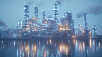 Naklejka premium Dramatic view of an illuminated industrial refinery at dusk, reflecting on water, emitting smoke against a misty blue sky backdrop.