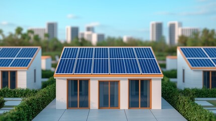Fototapeta premium A modern home with solar panels on its rooftop and a city skyline in the background, showcasing the integration of sustainable energy solutions in contemporary architecture.