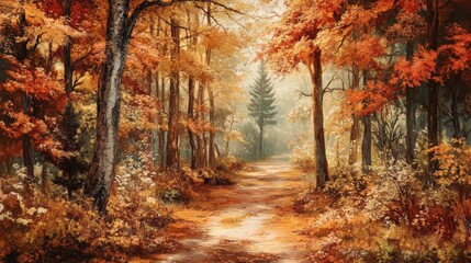Obraz premium Peaceful forest walk along an autumn path, where the fiery hues of fall colors create an enchanting and calming atmosphere