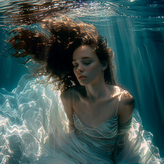 Woman underwater with dark hair, magical light reflections on her face, concept of beauty and nature
