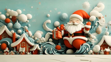 Jolly and mischievous Thai inspired Santa Claus figure dressed in a colorful vibrant costume delivering gifts to children in a snowy festive village backdrop  The scene is whimsical warm and inviting