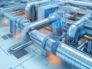 3d illustration featuring a detailed blueprint of an architectural ventilation system design, showcasing intricate components and technical precision in engineering