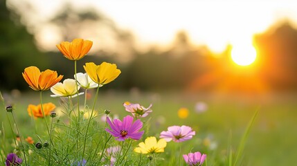 Fototapeta premium A vibrant field of colorful flowers blooms under a golden sunset, creating a serene and picturesque landscape.
