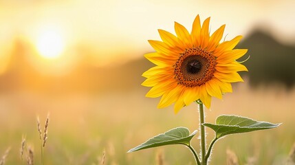 Fototapeta premium A vibrant sunflower stands tall in a sunlit field, radiating warmth and beauty as the sun sets in the background.