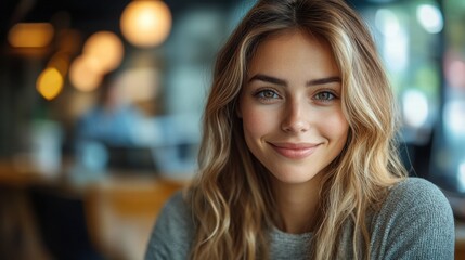 Fototapeta premium Charming Young Woman with Blue Eyes and Blonde Hair Smiling Indoors Online Sales Manager