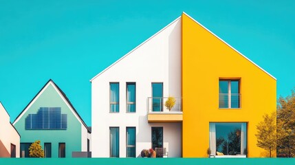 A vibrant, modern residential duo features angular designs and bright colors against a turquoise backdrop, highlighting contemporary architecture.