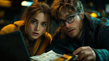 A young couple sits closely together, intently examining clues on a laptop and scattered papers in a dark, atmospheric room filled with suspense