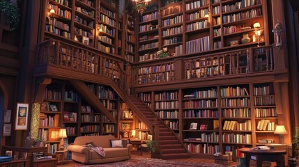 A beautiful, cozy library with towering bookshelves packed with books, a comfortable reading nook, and soft lighting, perfect for quiet contemplation.