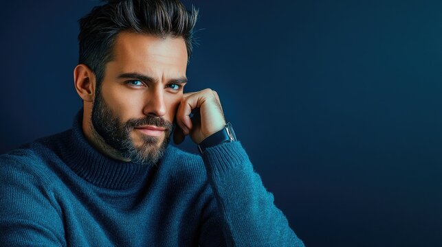 A stylish man in a knitted sweater gazes thoughtfully at the camera against a deep blue background, showcasing a contrast of colors and a contemplative expression.