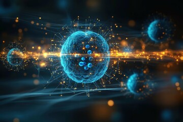 Cybersecurity Threat Alert. Futuristic digital virus representation floating in technology network with glowing data points for cybersecurity, medical research, artificial intelligence, and science b