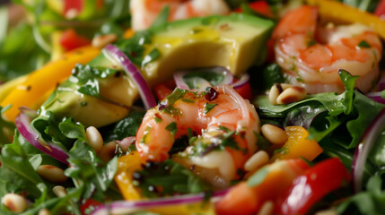 Shrimp and Avocado Salad with Mixed Vegetables and Pine Nuts, Dark Background, Side View