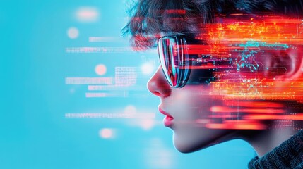 A futuristic image of a young person wearing stylish glasses, with vibrant digital effects and data streams emanating from their profile against a cool blue backdrop.