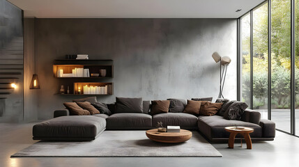 Modern Living Room Interior Design with Concrete Wall and Large Windows - 3D Illustration