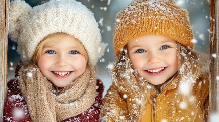 Two joyful children smile in the snow, wearing warm hats and scarves, embodying the magic of winter.