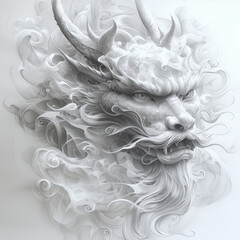 white dragon with long flowing whiskers and horns emerges from swirling mist its detailed scales and facial features illuminated by light