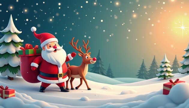 3D vector Christmas banner design with Santa and reindeer for a cheerful holiday greeting card or festive promotional piece.