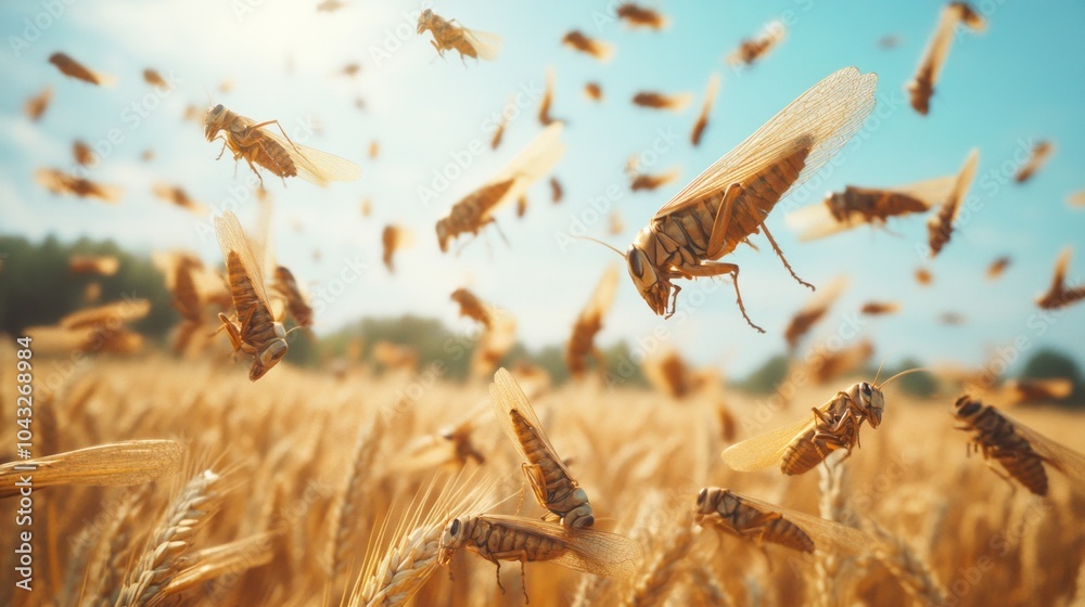 Poster A swarm of insects is flying over a field of wheat. The insects are small and brown, and they are scattered throughout the field. The scene is chaotic and frenzied