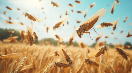 Fototapeta premium A swarm of insects is flying over a field of wheat. The insects are small and brown, and they are scattered throughout the field. The scene is chaotic and frenzied