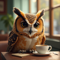 An owl sitting at a table with a cup of coffee