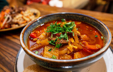 Chorba with lamb. National soup of Middle East.