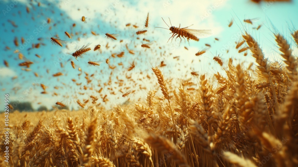 Poster a swarm of insects is flying through a field of wheat. the insects are likely locusts, which can cau