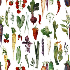 Fototapeta premium Watercolor seamless pattern of fresh vegetables. fresh and organic ornament perfect for kitchen or market-themed designs 