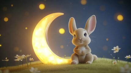 Adorable Cartoon Bunny by a Glowing Crescent Moon in a Dreamy Night Scene